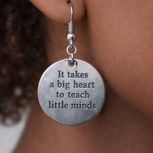 Teachercore Quote Silver Dangle Earrings “It Takes a Big Heart to Teach” Gift